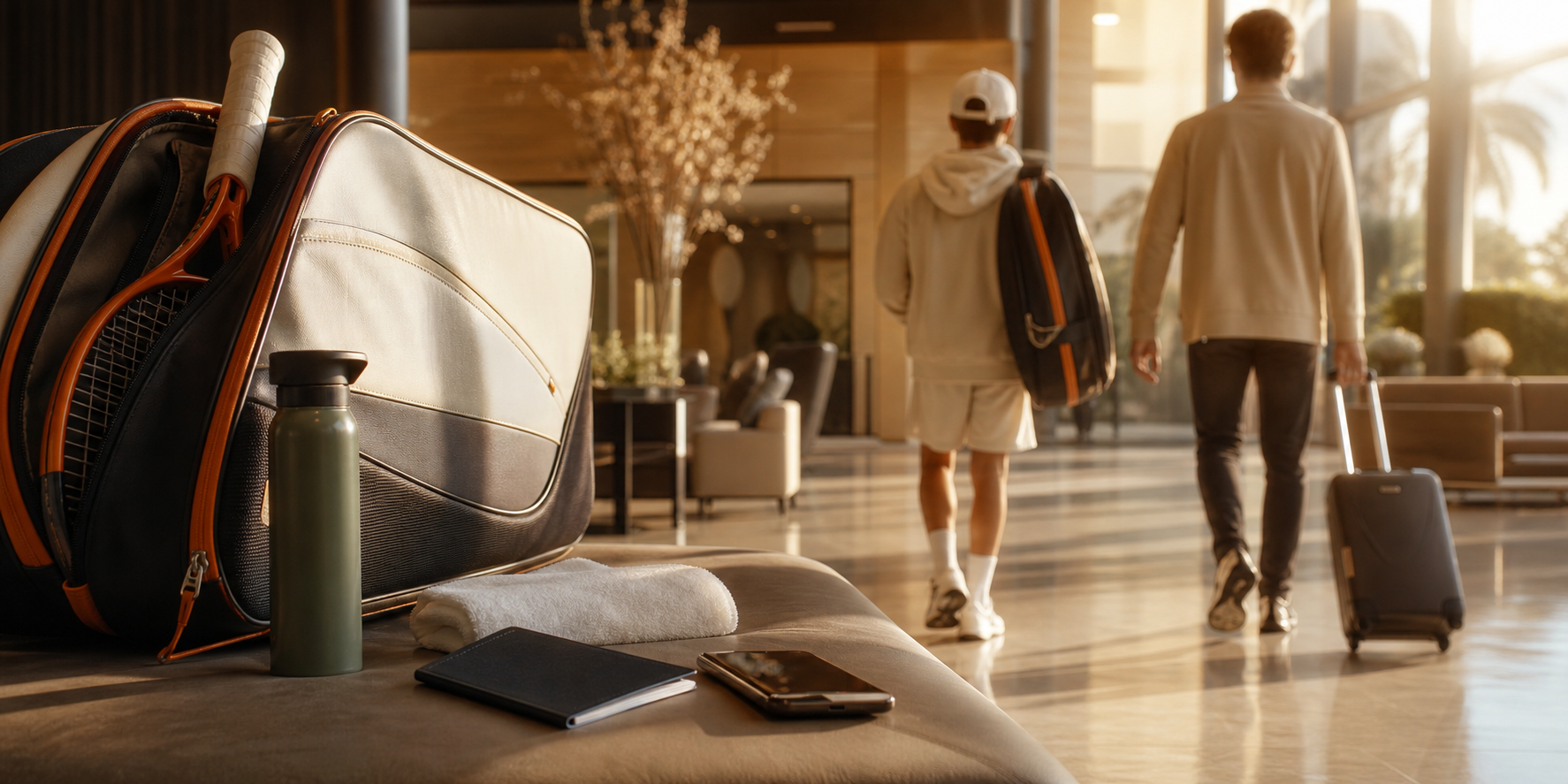 A junior player walking through an academy with a racket bag.